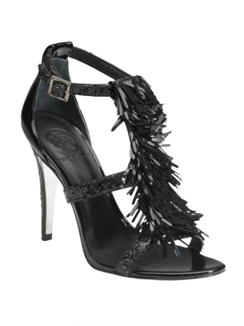 Tory Burch Black Fringe Glitter Stiletto Sandals Size 9 - Picture 9 of 11